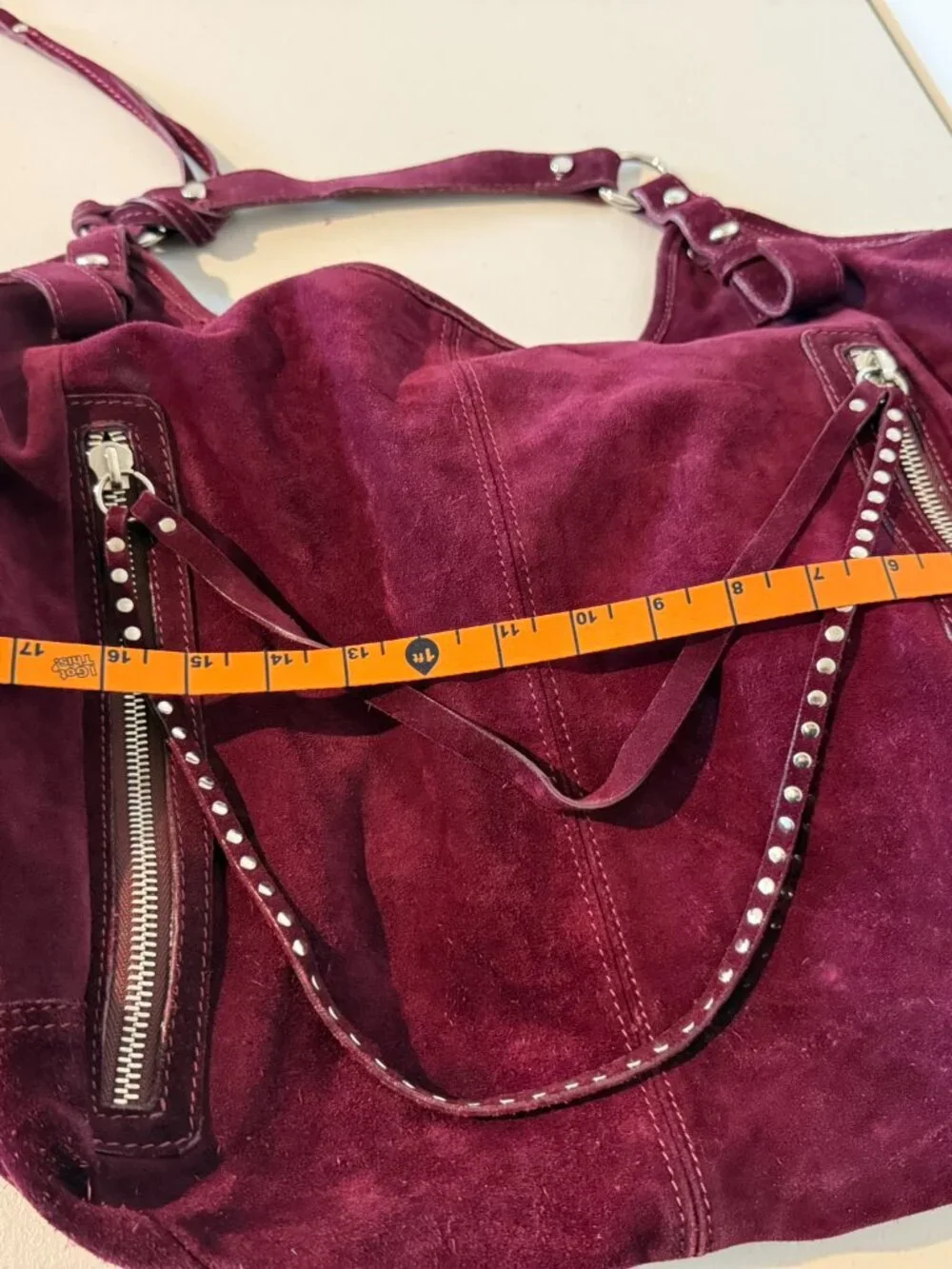 Via Repubblica Large Burgundy Suede Hobo Bag Studded Zip Pocket Shoulder Purse